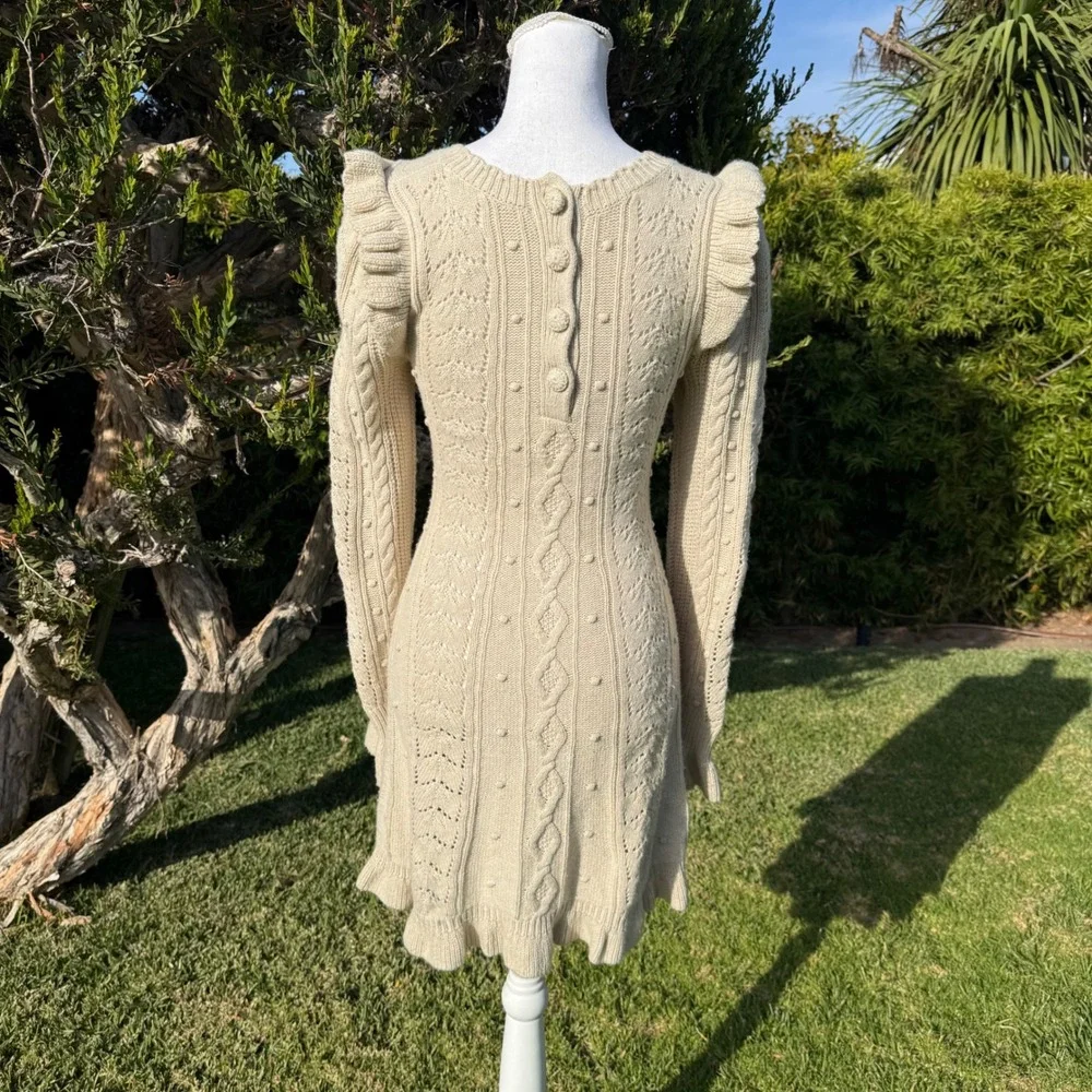 LoveShackFancy Zeke Womens Oatmeal Cable Knit Ruffle Mini Sweater Dress XS Cream - Picture 2 of 12